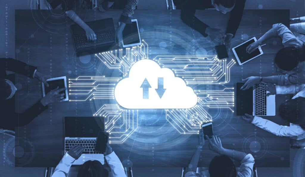 Cloud computing technology and online data storage for business network concept. Computer connects to internet server service for cloud data transfer presented in 3D futuristic graphic interface.
