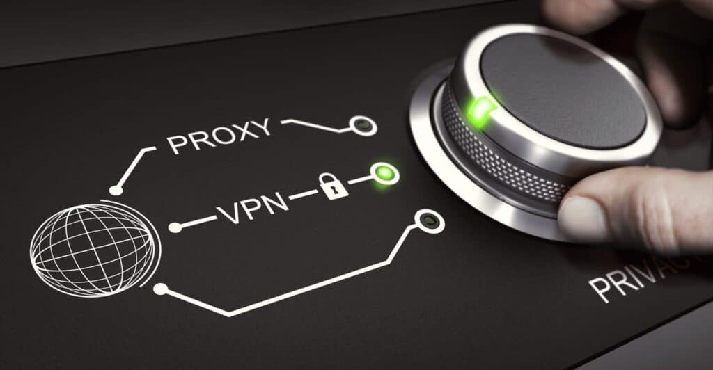 Man using a switch to select a secure VPN connection. Virtual Protection Network and online privacy concept. Composite image between a hand photography and a 3D background.